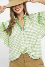 Umgee Gingham Lace Trim Top