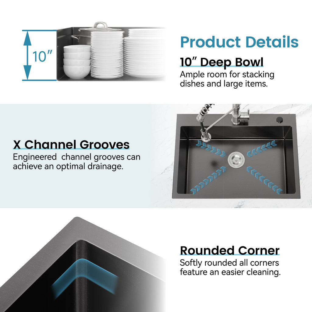 Stainless Steel Kitchen Sink, 30″x19″ Single Bowl, Overmount Handmade Sink in Black, with US Standard Drain and Hook
