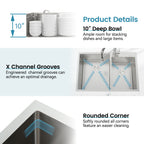 33'x19' Embedded Double Bowl Kitchen Sink, Overmount Handmade Sink in Brushed (Sink only)