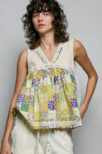POL Floral V-Neck Sheer Tank with Lace Trim