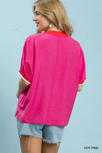 Umgee Embroidered Floral V-Neck Short Sleeve Blouse with Contrast Trim