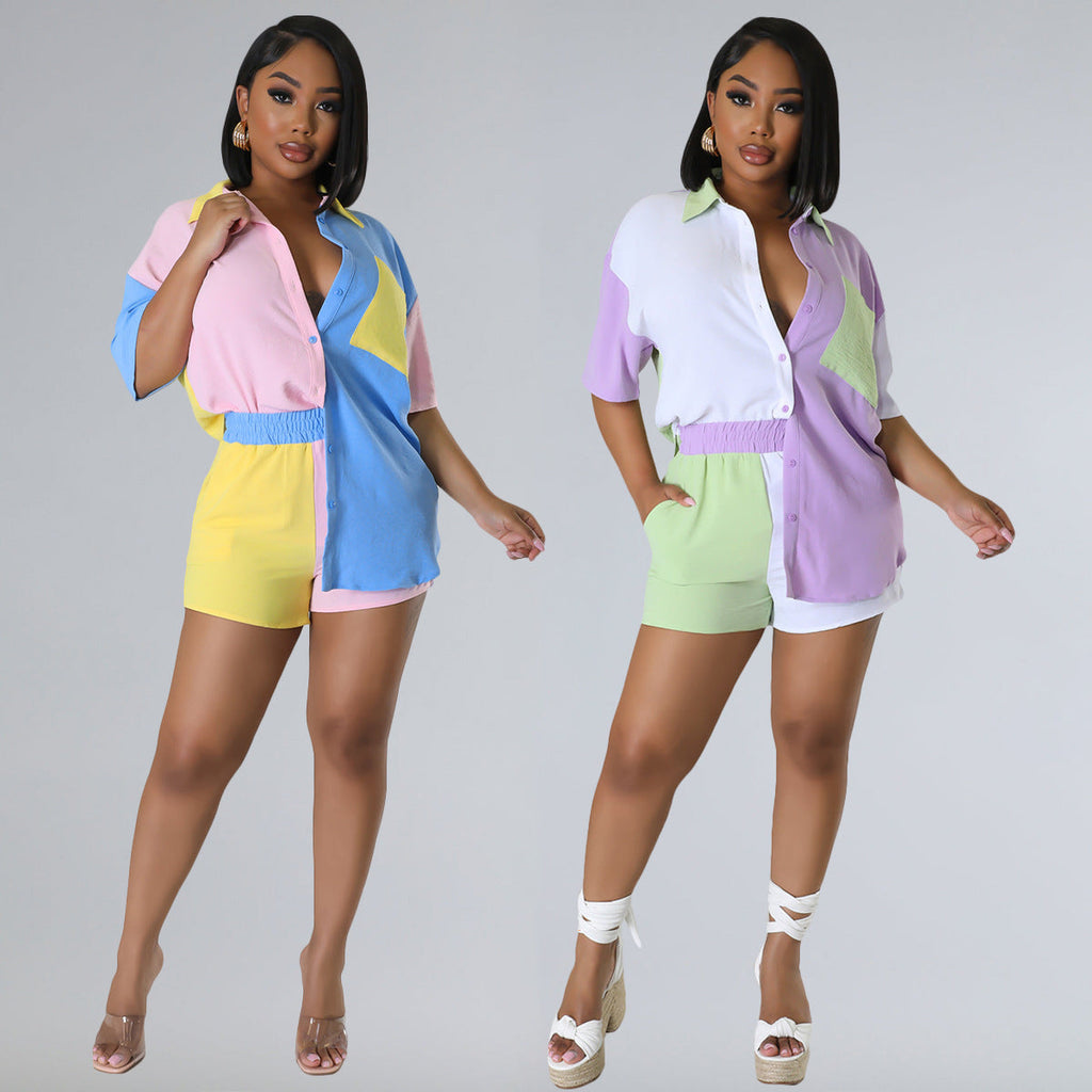 Spring And Summer Color Block Stitching Short-sleeved Shirt Pocket Shorts Suit