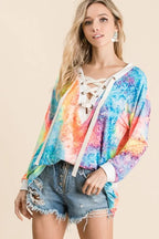 BiBi Tie Dye Deep V-neck Top With Lace Up Front