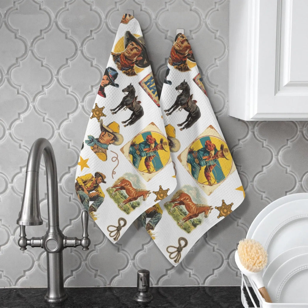 Vintage Cowboy Collage Dish Towel Set of 2 Made in America Baha Ranch Western Wear