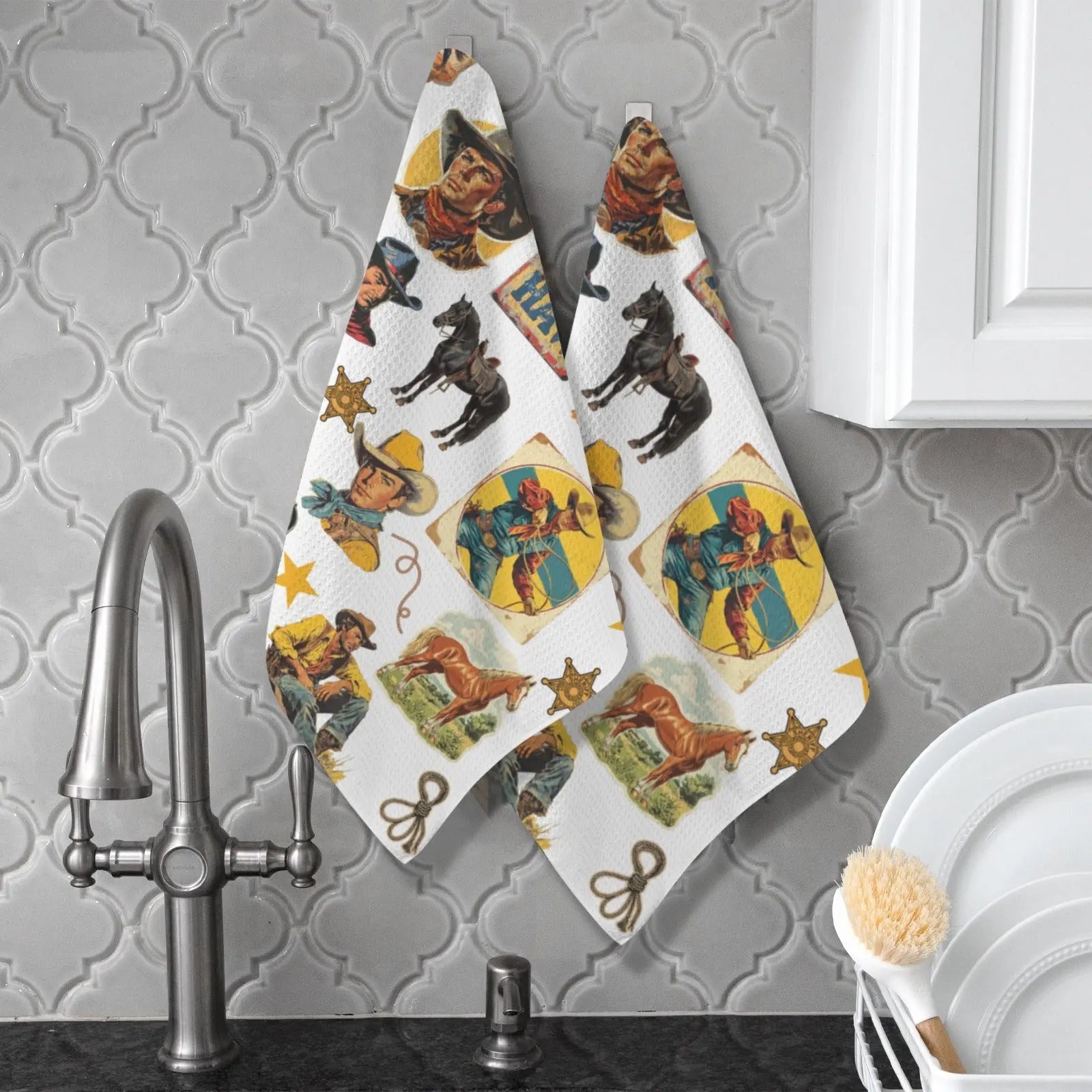 Vintage Cowboy Collage Dish Towel Set of 2 Made in America Baha Ranch Western Wear