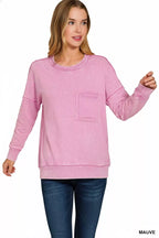 Zenana French Terry Washed Raw Edge Front Pocket Pullover