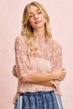 BiBi Bow Pattern Short Sleeves Boxy Mesh Top