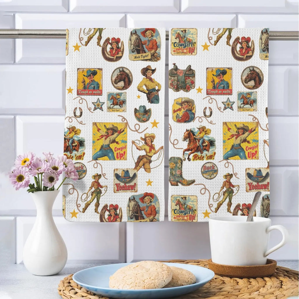 Vintage Cowgirl Collage Dish Towels Set of 2 Made in America Baha Ranch Western Wear