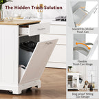 K&K Fluted Kitchen Island with Trash Can Storage Cabinet, Power Outlet, Internal Storage Rack, Rolling Kitchen Islands on 5 Wheels with 3 Drawer, 3 Open Side Racks for 10 Gallon Garbage Bin, White
