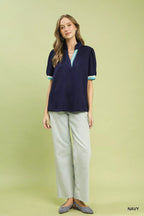 Umgee Luxe knit Contrast Trim Puff Sleeve Top