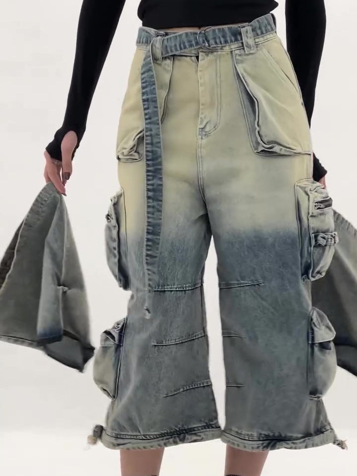 High - Waisted Ombre Cargo Jeans With Multiple Pockets