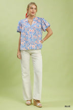 Umgee Floral Button-Front Short Sleeve Shirt