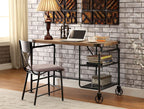 Industrial Inspired Desk With An Antique Black Metal Construction Replicated Wood Top And Caster Wheel Accents