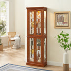 Lighted Curio Cabinet with Adjustable Shelves, Mirrored Back, and Tempered Glass Doors, 6-Tier Walnut Finish
