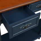 Retro Curved Wood Console Table, 52 inch Circular Half Moon Sofa Table with Open Shelf and 2 Drawers, Solid Wood Entry Table for Living Room, Hallway, Navy Blue + Brown Top