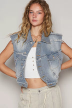 POL Assymetrical Front Closure Raw Hem Denim Vest
