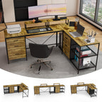 Industrial L-Shaped Computer Desk with Power Outlets & USB-C, Rustic Brown Metal Frame, 6 Fabric Drawers, 3 Open Shelves, Movable Monitor Stands, 114 Inch Corner Office Desk for Gaming and Work