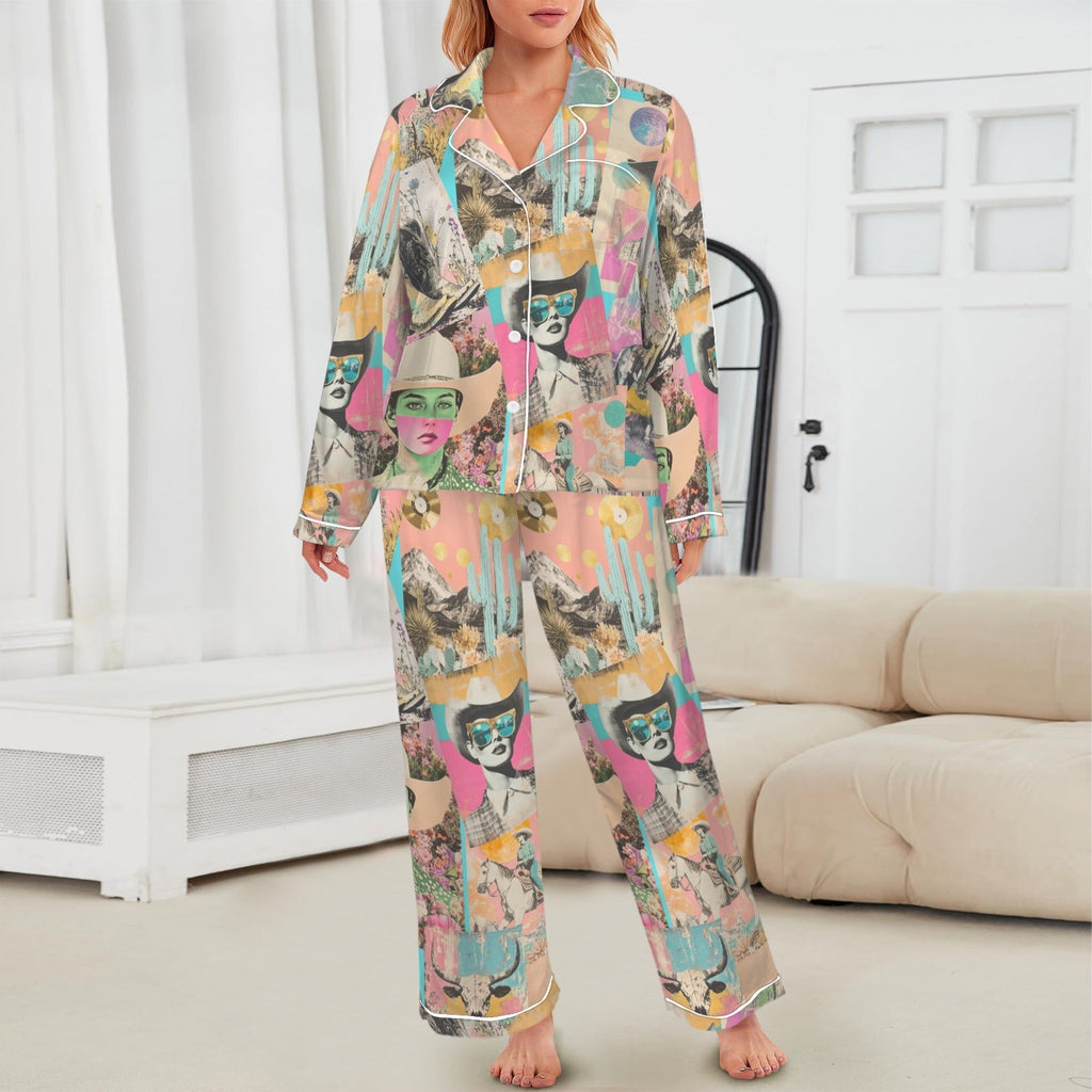 Baha Ranch Pop Western Collage Cowgirl Satin Pajamas Baha Ranch Western Wear