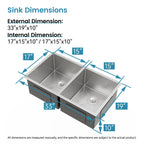 33'x19' Embedded Double Bowl Kitchen Sink, Undermount Handmade Sink in Brushed (Sink only)