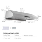 Under Cabinet Range Hood, Dual Motors Ductless Kitchen Stove Vent, Stainless Steel Permanent Filter with 3-Speed Exhaust Fan, 2 Baffle Filters, LED Lights, Touch Control Panel, Silver (30 inch)