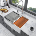 Farmhouse Double Bowl Workstation Kitchen Sink - 33 Inch Stainless Steel 16 Gauge Apron Front, Brushed Nickel Finish