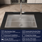 Stainless Steel Kitchen Sink, 32″x19″ Single Bowl, Overmount Handmade Sink in Brushed Nickel, with US Standard Drain and Hook, LS-SSBR02