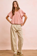 BiBi Stripes Textured Shirred Neckline Bubble Hem Top
