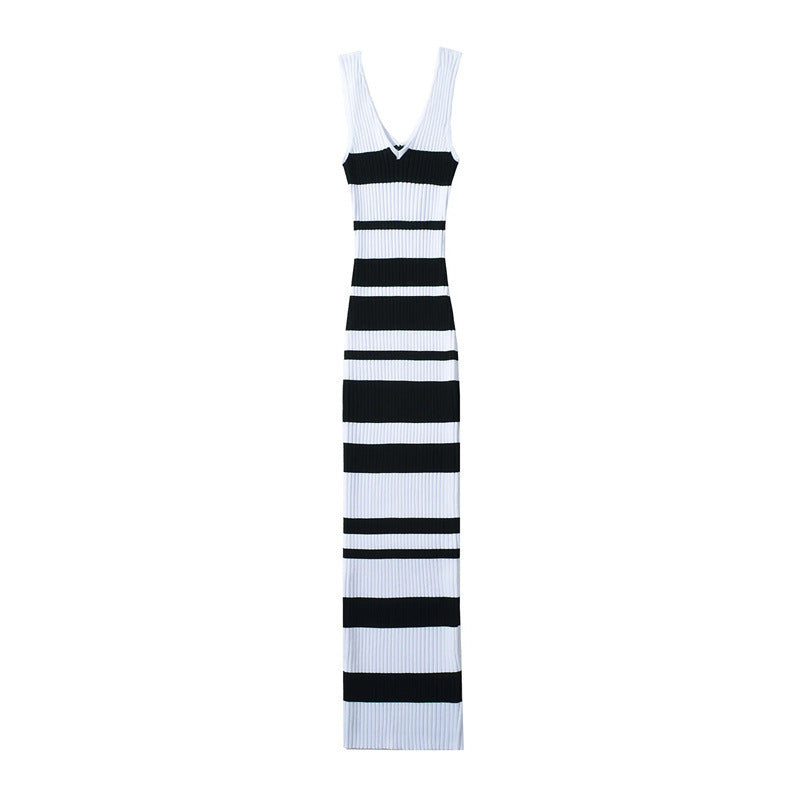 European And American Hot Girl Double V-neck Color Sleeveless Knitted Dress Intellectual Elegant Skinny Sheath