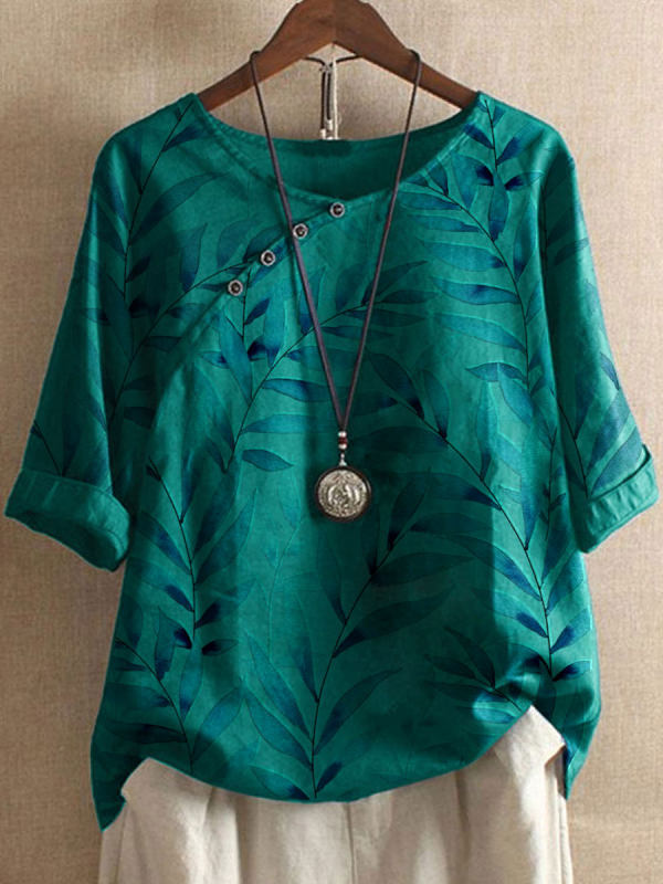 Long Sleeve Round Neck Pullover Three Quarter Sleeve Womens Printed T Shirt