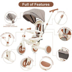 7 in 1 Baby Tricycle, Foldable Toddler Tricycle with Removable and Adjustable Parent Handle, Toddler Push Bike with Removable Pedal, Canopy, and Guardrail, Tricycle for 12-72 Months, ivory and brown