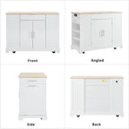 K&K Fluted Kitchen Island with Trash Can Storage Cabinet, Power Outlet, Internal Storage Rack, Rolling Kitchen Islands on 5 Wheels with 3 Drawer, 3 Open Side Racks for 10 Gallon Garbage Bin, White