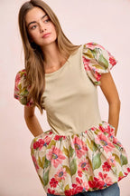 BiBi Floral Printed Bubble Sleeves and Hem Peplum Top
