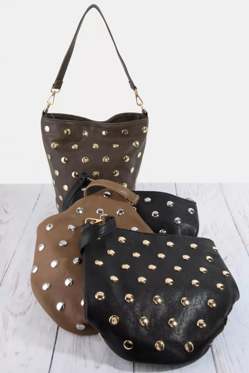 Fame Studded Leather Bucket Bag