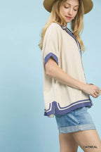 Umgee Linen Button Front Top with Contrast Piping
