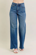 Judy Blue Full Size High Waist Tummy Control Chew Hem Destroyed Wide Jeans Plus Size
