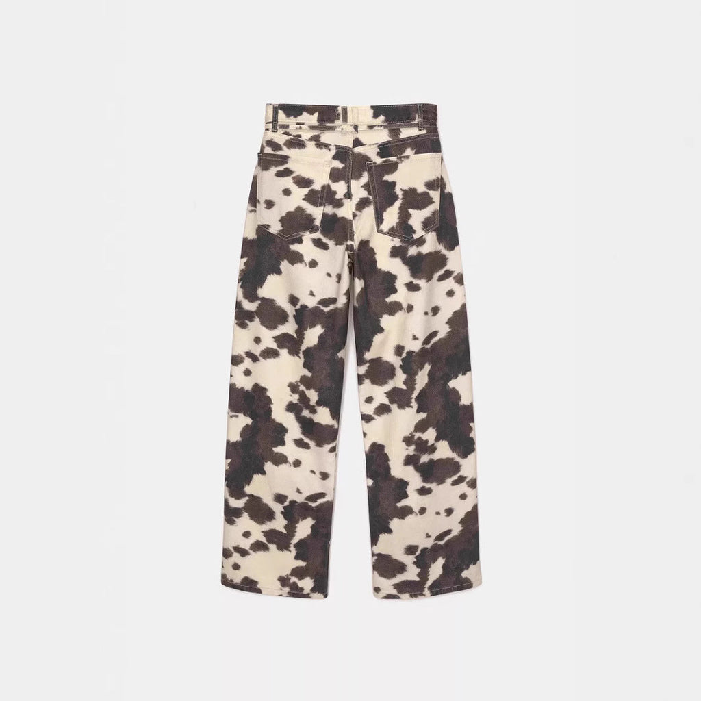 Womens Retro Washed Denim Jeans With Cow Print