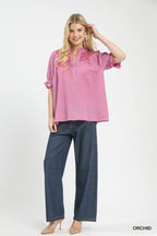 Umgee Textured Henley Blouse with Ruffle Cuffs