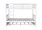 Full Over Full Rubber Wood Bunk Bed with Trundle, Ladder and Guardrails, Convertible to 2 Full Size Beds, with Twin Size Trundle,White