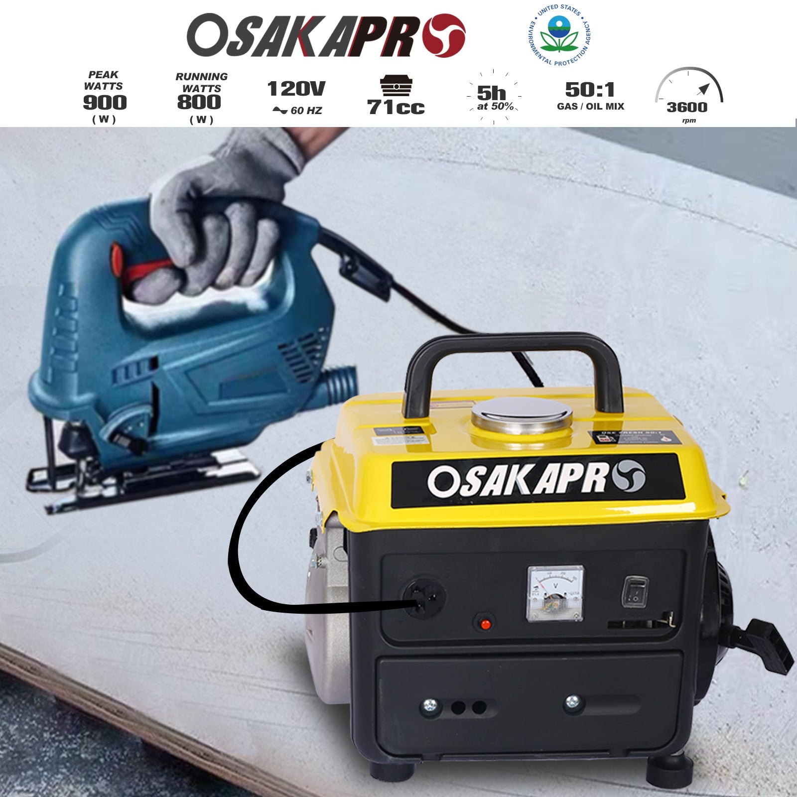 Portable Outdoor Generator Low Noise Gas Powered for Home Use Yellow Steel 14.60x12.20x13.80 Inches
