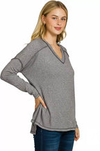 Zenana Soft Melange Hacci Exposed Seam Hi-low Tee