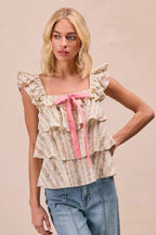 BiBi Floral Printed Woven Front Bow Tied Ruffled Square Neck Sleeveless Top