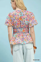 Umgee Mix Floral Smocked Waist Blouse