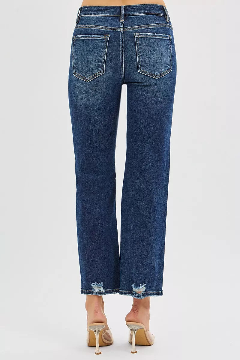 RISEN High Rise Crop Slim Straight Jenas with Hidden Knee Patch