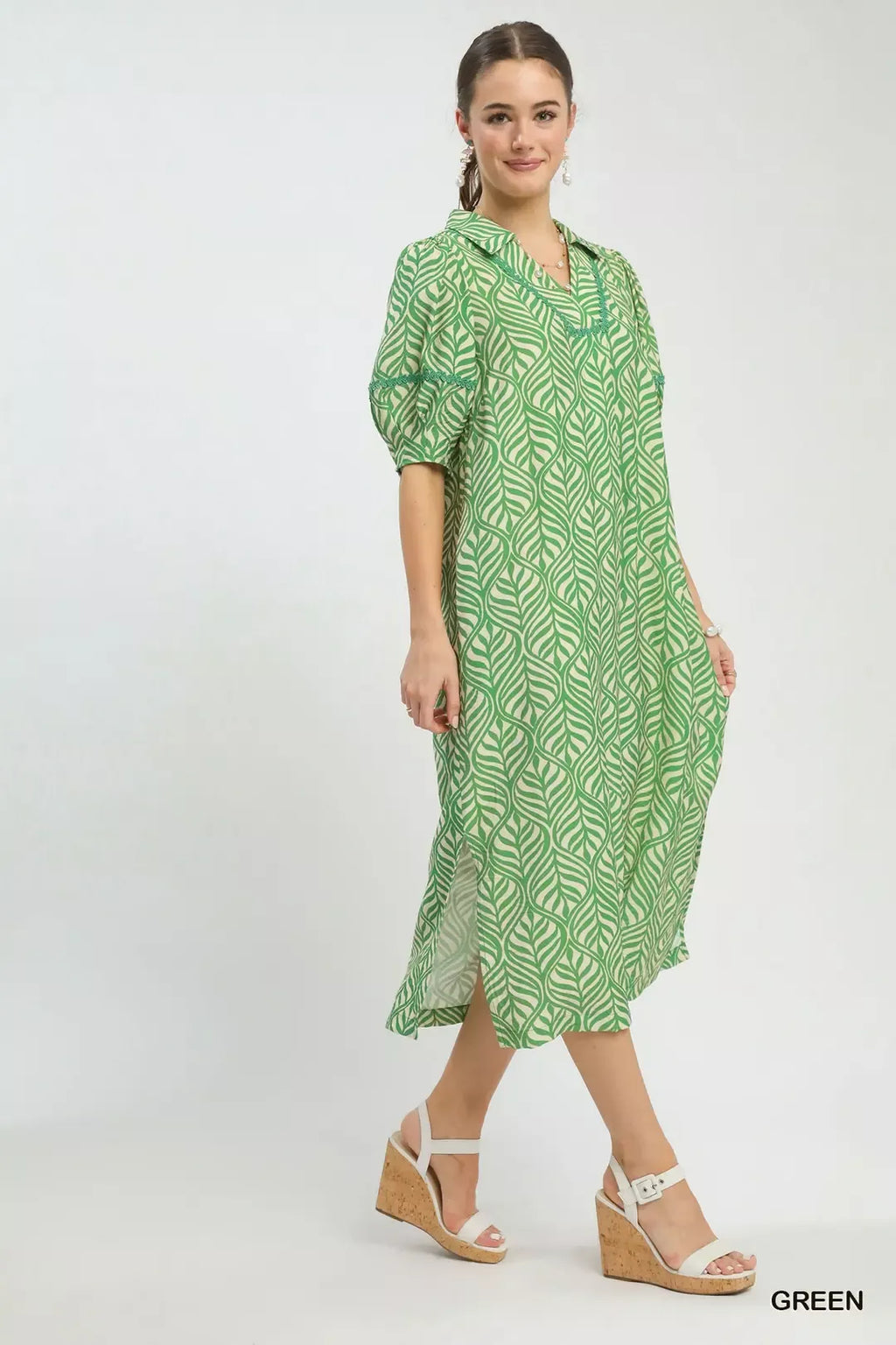 Umgee Printed Puff Sleeve Midi Dress with Pockets