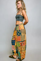 POL Printed Patchwork Wide Leg Pants with Adjustable Side Drawstring