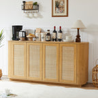 Contemporary Wave Shaped 64-Inch TV Stand with Rattan Doors in Natural Wood Finish