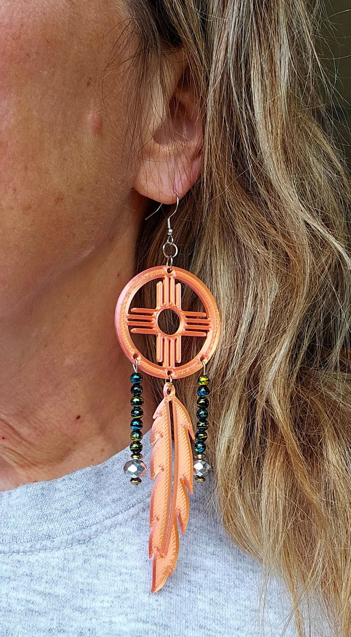 3D print Lightweight Orange New Mexico Zia Feather Dream Catcher Earrings Made in America Baha Ranch Western Wear