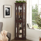 Lighted Corner Curio Cabinet - Glass Display Shelf with Tempered Glass Doors, Adjustable Shelving, and Included Bead Bulb - Ideal Bar Cabinet for Home Decor- DARK CHERRY