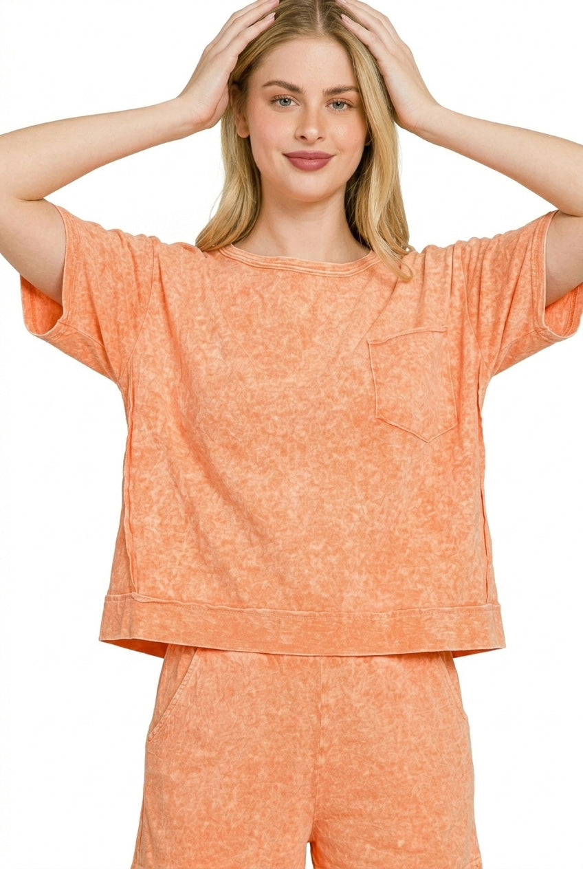 Zenana Halo Snow Washed Boxy Top & Shorts Set