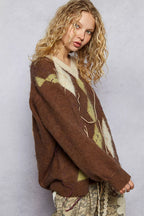 POL V-Neck Argyle Pattern Mohair Sweater with Contrast Exposed Stitch Detail